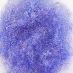 Close-up of a clump of blue lint fiber. The texture appears soft and fluffy, with heathered colors creating various shades of blue. The fibers are intertwined, mimicking the dense, wool-like appearance of Harrisville Dyed & Carded Wool Fiber by Harrisville Designs, perfect for felting projects.