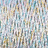 Close-up of Plymouth Yarn Co.'s Chainette Metallic Yarn | Mini-cone, showcasing a blend of white, blue, yellow, and purple fibers. The tightly woven strands create a textured and intricate pattern ideal for knit and crochet projects, with a slightly fuzzy appearance.