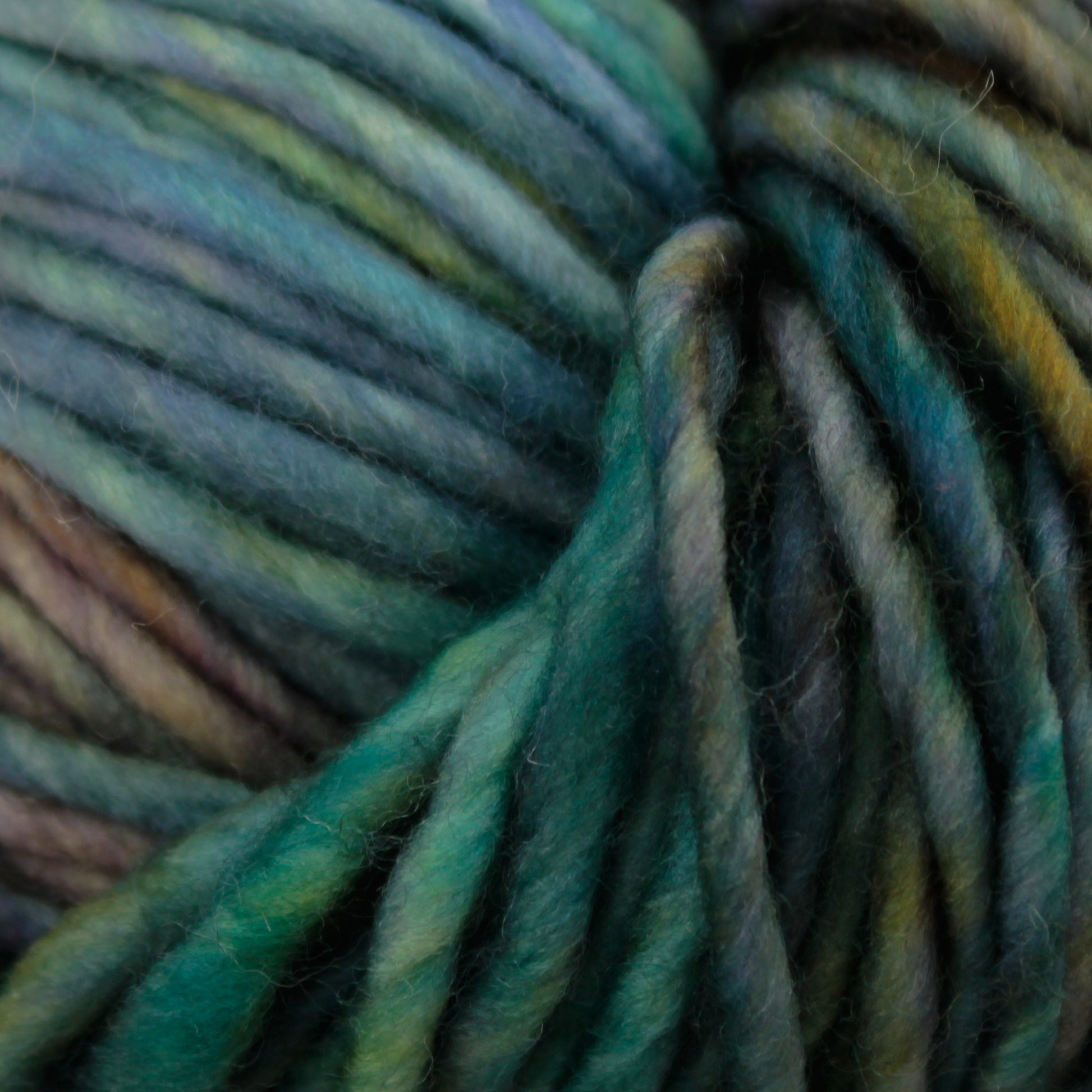 Close-up of Malabrigo Mecha yarn in tones of green, blue, and brown. The thick strands of this superwash bulky yarn from Malabrigo Yarn present a soft, fuzzy texture and are tightly coiled together, showcasing a blend of earth and nature-inspired hues.