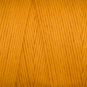 Close-up image of Maurice Brassard's Cotton 8/8 Carpet Warp in a bright orange color. The strands are tightly wound together, showcasing their smooth texture and slight sheen. The vibrant hue and detailed fibers of the unmercerized cotton yarn are clearly visible, making it perfect for knitting and crochet projects.