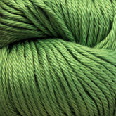 Close-up image of a bundle of green Cascade Ultra Pima Cotton Yarn by Cascade Yarns. The fibers are tightly twisted together, showcasing a smooth and consistent texture. Made from Peruvian Pima Cotton, the yarn appears soft with a vibrant, rich green color.