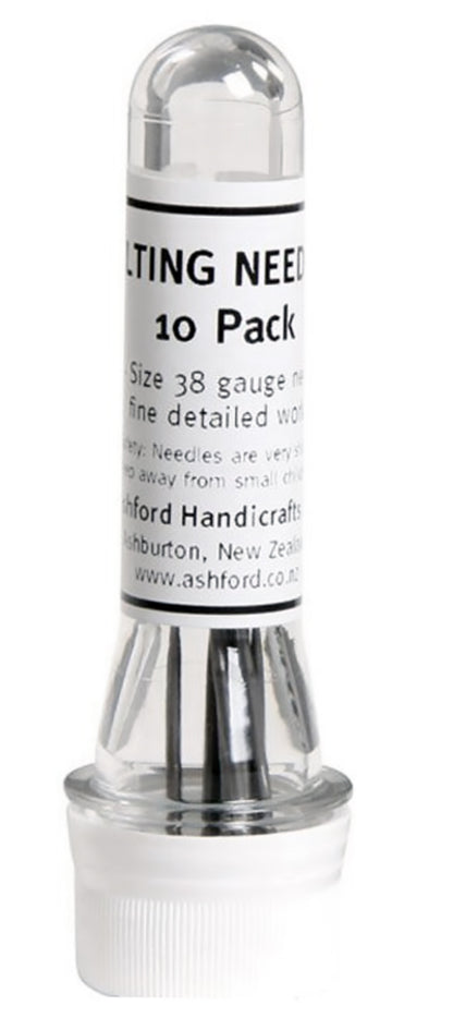 A clear plastic tube containing ten Ashford 38 Gauge Star Barb Felting Needles with a white label displaying the words "Felting Needles 10 Pack" and details about the product. At the bottom of the tube is a white cap. The product is from Ashford Handicrafts Limited.