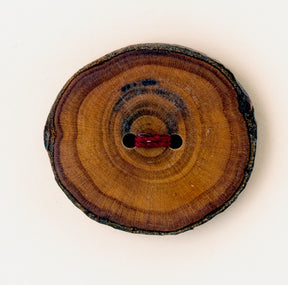 The One X-Large Button - Mixed Woods by Favour Valley Woodworking features a round wooden design with visible tree rings and a rough bark edge. Two center holes are threaded with red string. These handmade buttons, placed on a plain, light-colored surface, beautifully showcase their rustic charm.