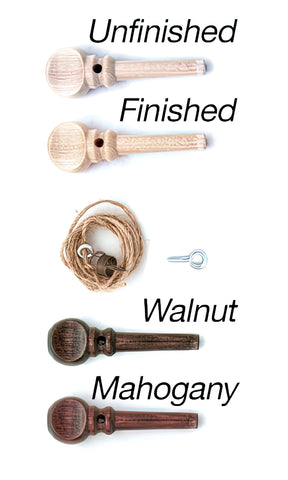 A comparison image showing two wooden tuning pegs labeled "Unfinished" and "Finished," a coiled hemp string with pegs, a steel eye bolt labeled "Walnut," and two darker, finished tuning pegs labeled "Mahogany," showcasing the Brake Band Set with Peg for most Kromski spinning wheels by Kromski North America.