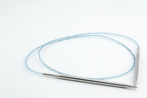 A surgical tool, consisting of a flexible blue tube connected to slender metal probes on both ends, reminiscent of Skacel's Addi Turbo Circular Knitting Needles, laid out on a plain white background.