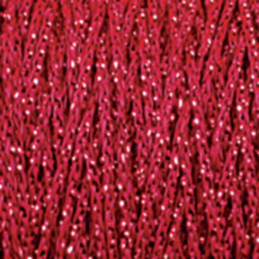 A close-up image of shiny, crimson red Chainette Metallic Yarn from Plymouth Yarn Co. on a mini-cone, showcasing its metallic appearance. The yarn strands are intertwined and textured, creating a sparkling effect due to the glimmering fibers throughout, making it perfect for knit and crochet projects.