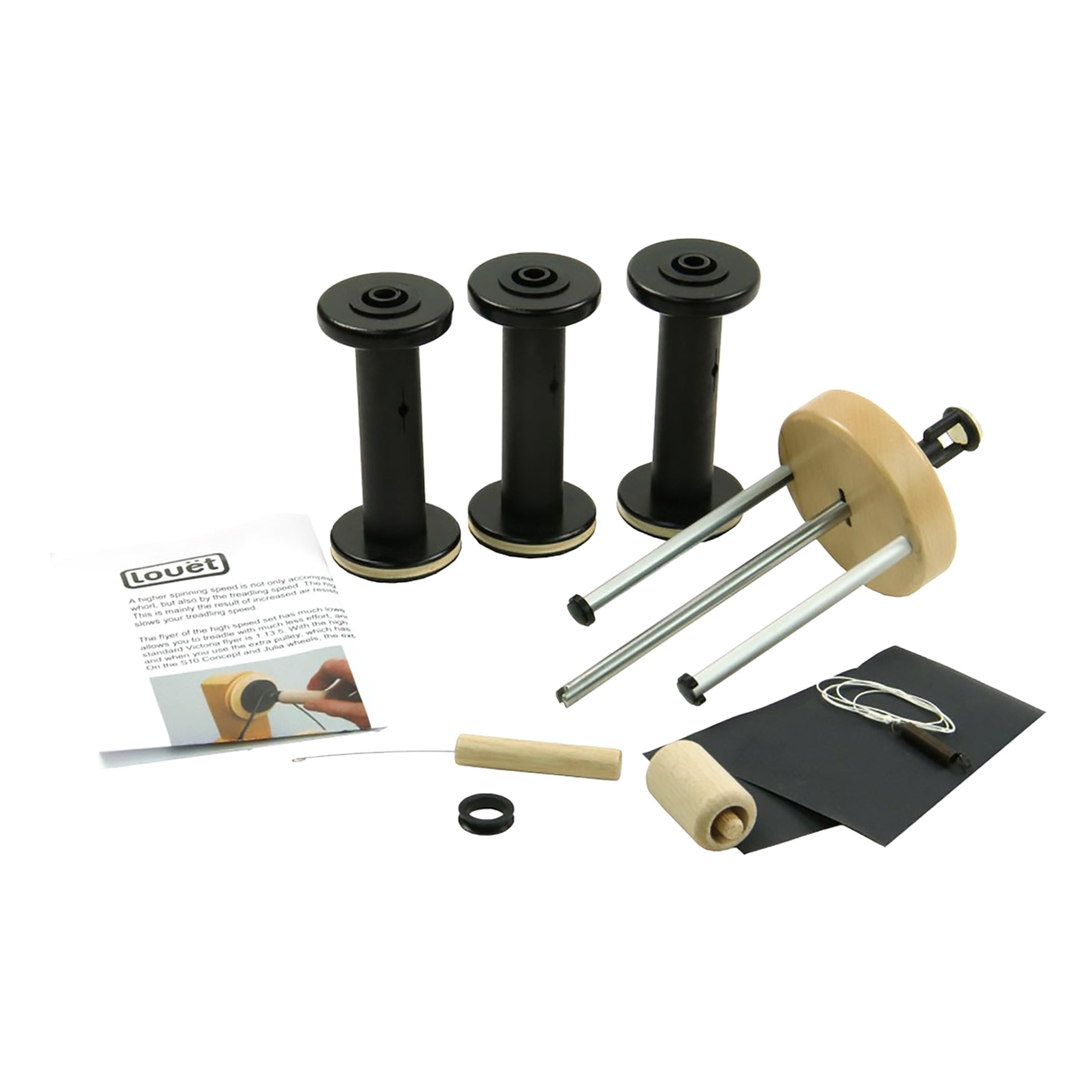 The Louët High Speed Set Scotch Tension for Victoria Wheel, by Louët Inc., includes three black spools, a wooden and metal instrument, a small wooden rod, a rubber ring, a beige and black cylindrical part, some wire, black sheets, and an instruction manual.