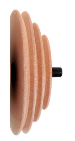 Side view of the Ashford Three Speed Whorl for all Double Drive wheels and Kiwi 3 by Ashford Handicrafts Limited, showcasing four cylindrical disks of decreasing size from base to top, mounted on a central black peg. The disks have a smooth finish and a natural wooden color. The product is set against a plain white background.