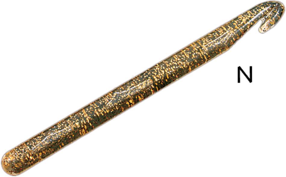 An image of the Skacel Large Plastic Crochet Hook, featuring a long, cylindrical shape with a hooked tip and a shiny, reflective surface. On the right side, there's a prominent black letter "N," indicating its suitability for large-sized crochet hooks and jumbo yarns.