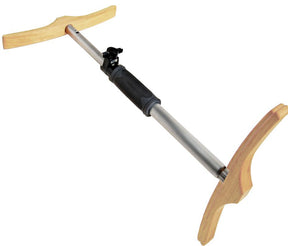 The Schacht Niddy Noddy by Schacht Spindle Co. features wooden ergonomic handles on both ends, a metal shaft with a foam grip in the center, and an adjustable locking mechanism. This design is ideal for assisting with balance or movement.