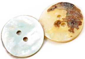 A close-up image of two round, Natural Pearl Shell Buttons from Dill Buttons of America, Inc., each featuring two holes. The button on the left is smooth and pearly white, while the button on the right is partially discolored with a rough brown patch on its top-right side. Both buttons boast a shiny surface and natural shell origins.