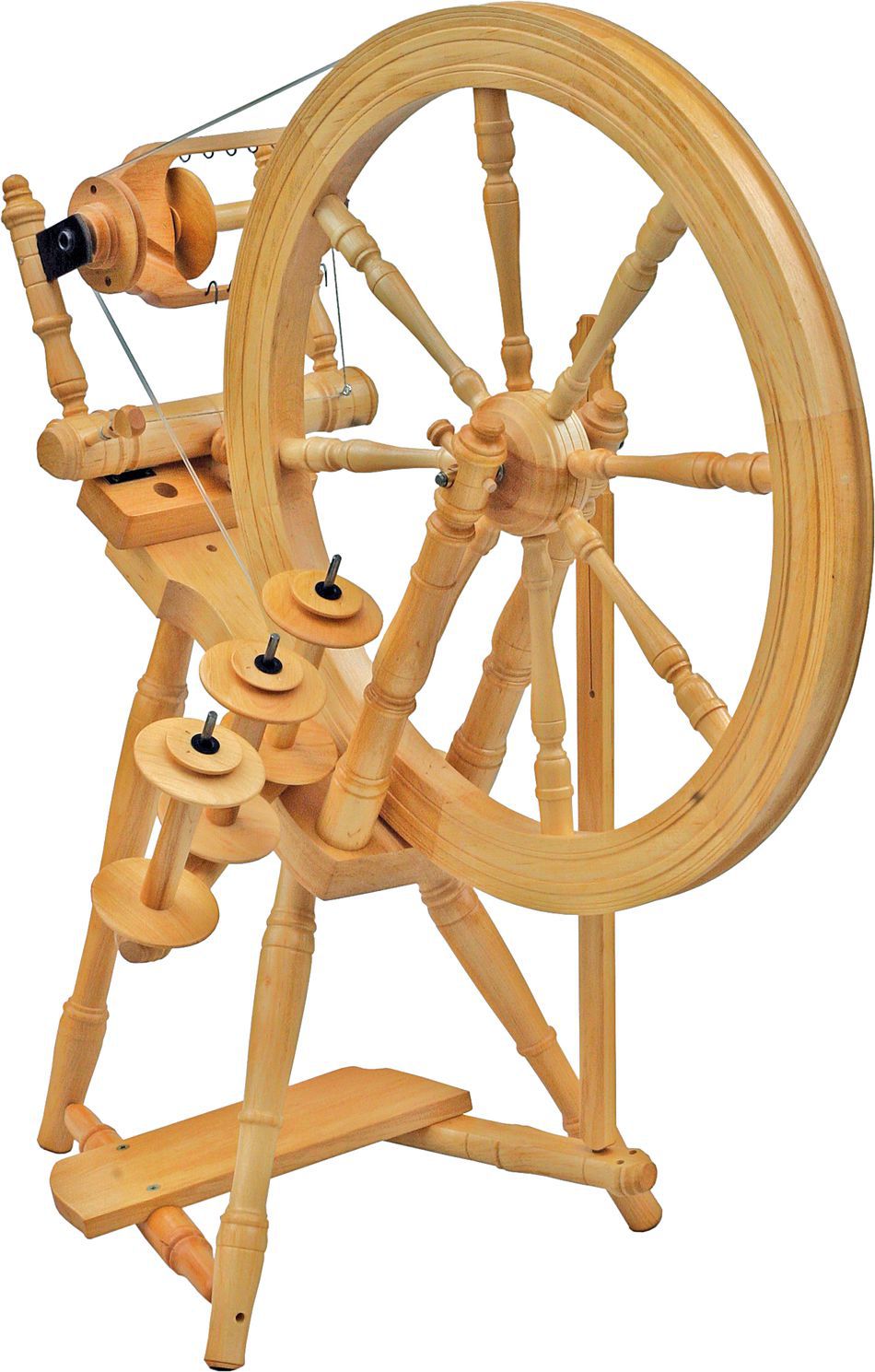 The Kromski Interlude Spinning Wheel by Kromski North America, featuring a single drive angle treadle design, boasts a large wheel on the right side connected to several smaller spindles and components on the left. Crafted from European alder and birch, its frame showcases intricate woodworking details.