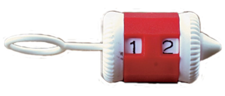 The Bryson Distributing, Inc. Ring Barrel-type Row Counter is depicted as a small plastic device featuring a white body and a red rotating center. It includes two number dials displaying the digits "1" and "2," along with a loop on one end for easy attachment to knitting needles or use as a stitch marker.