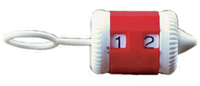 The Bryson Distributing, Inc. Ring Barrel-type Row Counter is depicted as a small plastic device featuring a white body and a red rotating center. It includes two number dials displaying the digits "1" and "2," along with a loop on one end for easy attachment to knitting needles or use as a stitch marker.