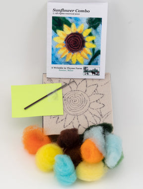 Introducing the Thyme Tile Felting Kit from A Wrinkle in Thyme Farm, an ideal choice for beginner felters. This kit features a detailed guide with a sunflower image, a felting needle, a foam mat, an outline of a sunflower, and vibrant wool roving in yellow, orange, brown, green, blue, and white.