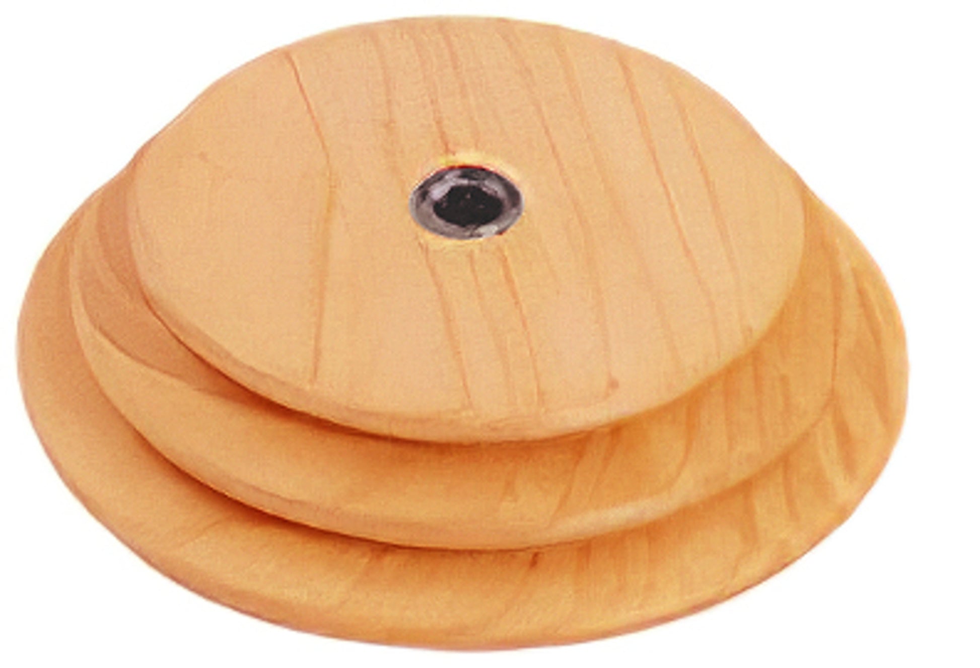 The Schacht Whorl by Schacht Spindle Co. is a wooden stack toy with three differently sized, round, flat disks stacked on top of each other. The top disk features a small black round piece embedded in the center, surrounded by natural wood grain texture.