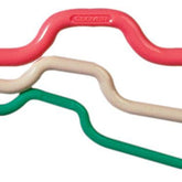 Three Bent Cable Stitch Holders from Accessories Unlimited are arranged in a staggered pattern, colored red, white, and green. Each holder is slightly bent in the middle, creating a dip that aids in holding stitches while knitting cables. The brand name "Accessories Unlimited" is visible on them, and they come in different sizes to suit various knitting needs.