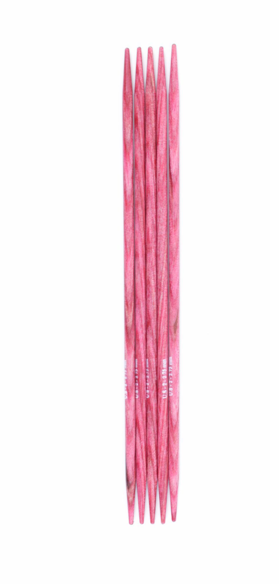 A set of five Knitter's Pride Dreamz Double Point Knitting Needles by Accessories Unlimited, each 5 inches long and crafted from laminated birch with varying shades of pink and a slightly marbled texture, arranged neatly side by side against a white background.