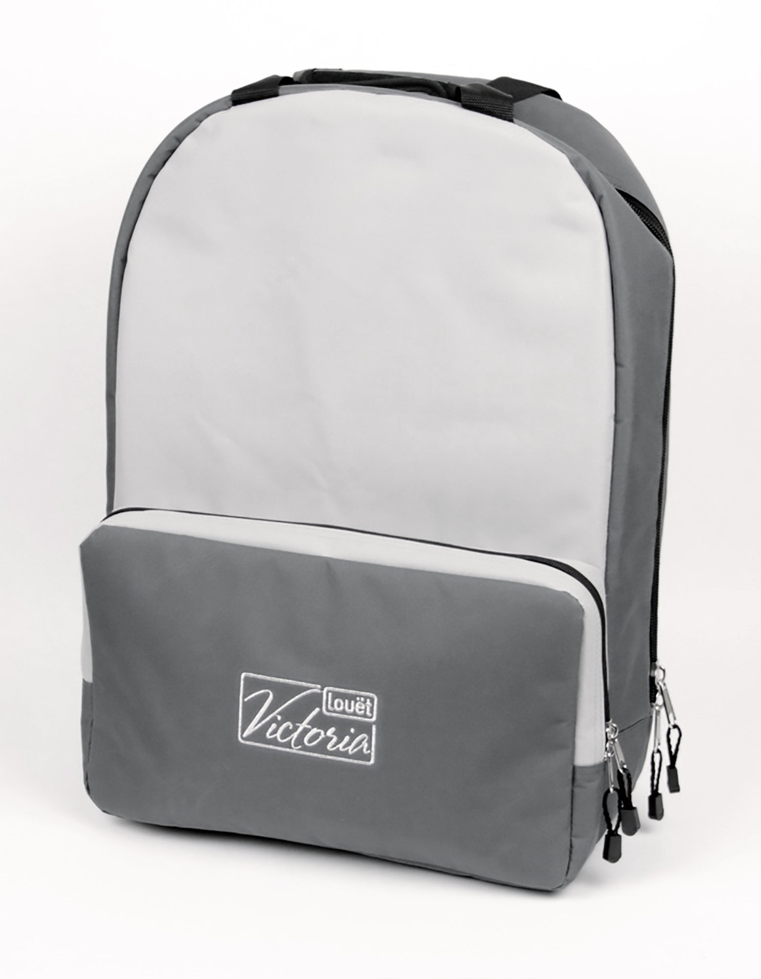 A grey Louët Carry Bag S95/S96 Victoria featuring a front pocket decorated with the text "Victoria" in a stylized white font, designed to complement your S95 Victoria accessories. The backpack has two zippers with black pull tabs on both the front pocket and main compartment. The brand logo "Louët" is positioned above the text on the front pocket.