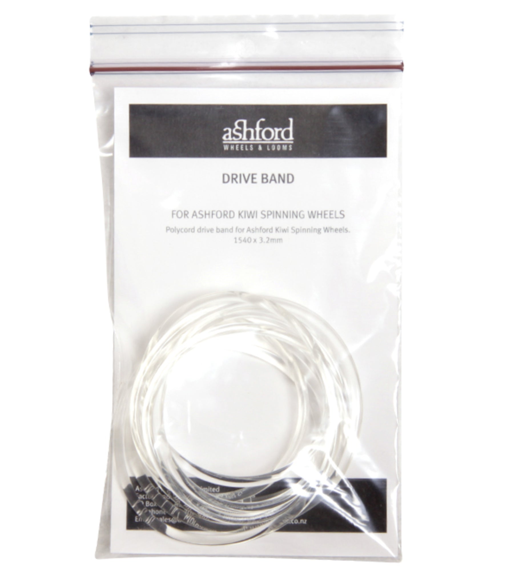 A transparent plastic bag houses an Ashford Polycord Drive Band, a crucial replacement part for Kiwi Spinning Wheels. The coiled band is visible inside the bag along with an instruction sheet. The packaging displays the Ashford Handicrafts Limited logo and product details in black text.