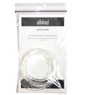 A transparent plastic bag houses an Ashford Polycord Drive Band, a crucial replacement part for Kiwi Spinning Wheels. The coiled band is visible inside the bag along with an instruction sheet. The packaging displays the Ashford Handicrafts Limited logo and product details in black text.