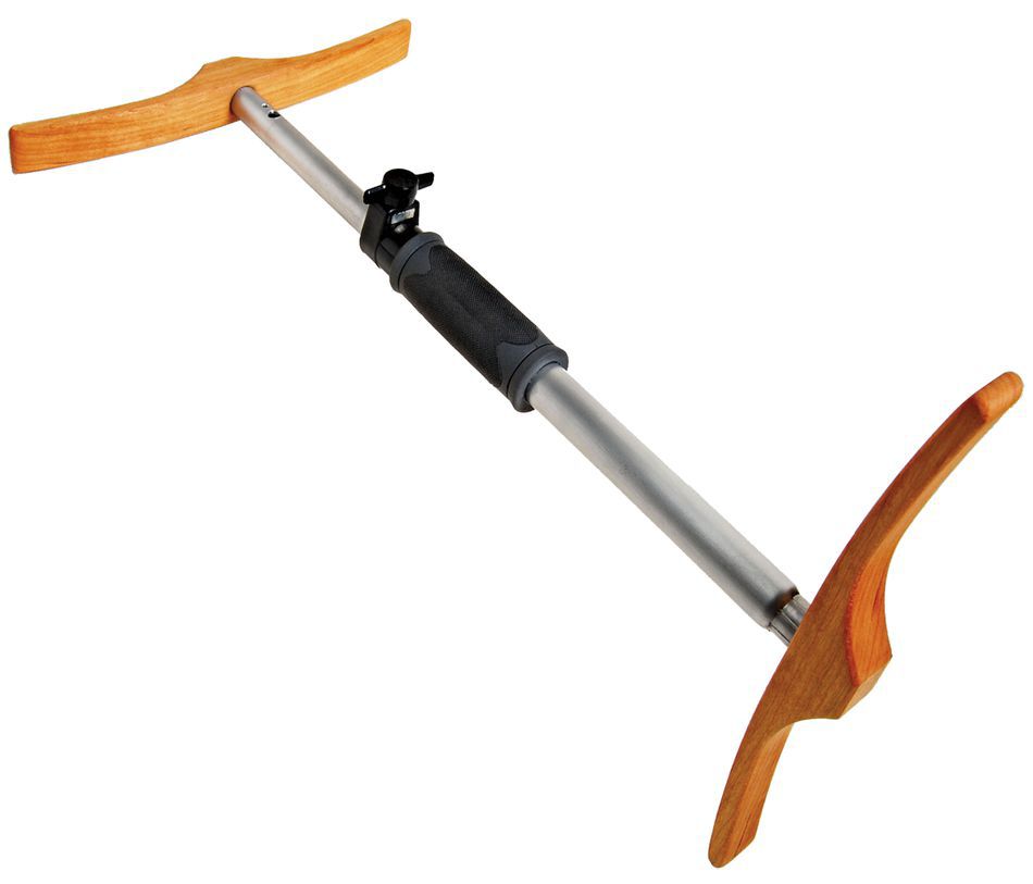 The Schacht Niddy Noddy by Schacht Spindle Co. is a silver pole with a black gripping section and an adjustable knob, featuring wooden T-shaped handles on both ends. It has a smooth finish on the wooden handles, which are curved for ergonomic support, and is typically used for kayaking braces or exercises.