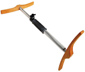 The Schacht Niddy Noddy by Schacht Spindle Co. is a silver pole with a black gripping section and an adjustable knob, featuring wooden T-shaped handles on both ends. It has a smooth finish on the wooden handles, which are curved for ergonomic support, and is typically used for kayaking braces or exercises.