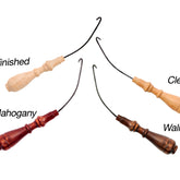 Four Kromski North America Orifice Hooks with wooden handles are arranged in a circle, each showcasing a different finish. They are labeled "Unfinished" in natural wood, "Clear" with a light varnish, "Mahogany" in a reddish-brown tone, and "Walnut" in a dark brown shade. These hooks are perfect for complementing your Kromski spinning wheel.