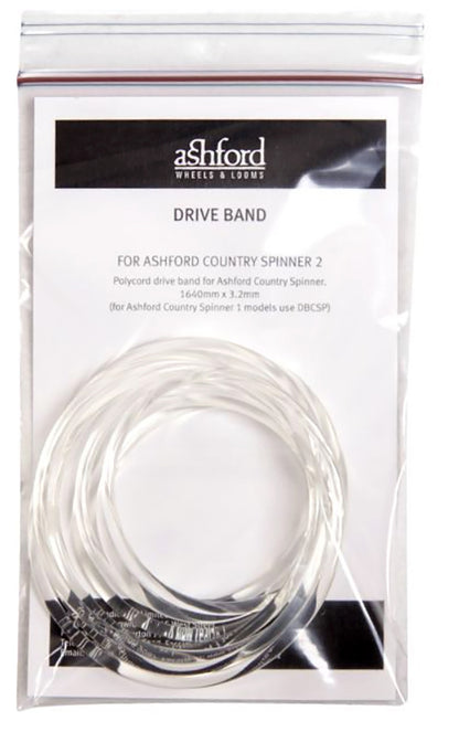 A clear plastic bag houses the Ashford Country Spinner - Poly Drive Band, a coiled polycord drive band designed specifically for the Ashford Country Spinner 2. The packaging showcases the Ashford Handicrafts Limited logo along with product details, including size specifications of 1640mm x 3.2mm, making it an ideal replacement for those in need of a poly drive band for their Ashford Country Spinners.