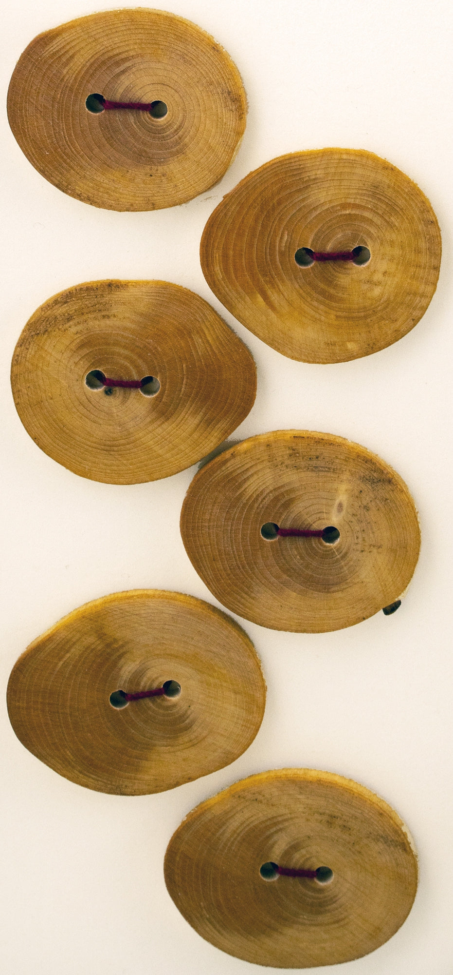 Favour Valley Woodworking's "Six Buttons" set includes six handcrafted wooden buttons, arranged vertically in two staggered columns. Each oval-shaped button showcases a natural wood grain pattern and features two horizontal holes threaded with dark-colored string. The slight variations in size highlight the uniqueness and careful craftsmanship of these handmade buttons.