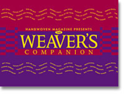 A red and purple book cover with yellow text reads: "Long Thread Media Presents Weaver's Companion." Wavy yellow lines decorate the top and bottom of the cover, published by Interweave Press.