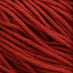 A close-up image of Plymouth Yarn Co.'s Plymouth Select Worsted Merino Superwash reveals its thick, tightly wound strands. The texture and fibrous detail are showcased with excellent stitch definition, and the rich red color is consistent throughout, highlighting the yarn's superb superwash finish.