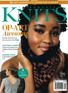 Magazine cover of "Interweave Knits" Summer 2022 issue by Golden Peak Media. A woman models a knitted scarf featuring blue and brown patterns. The cover headlines include "Op-Art Awesome," "Crafting a Career," "Art-Inspired Patterns," and "5 Projects with a Backstory." Price and barcode are at the bottom.