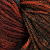 Close-up of Malabrigo Rios by Malabrigo Yarn, showcasing a vibrant blend of rich shades of red, orange, and brown, intricately intertwined to create a warm and textured appearance.