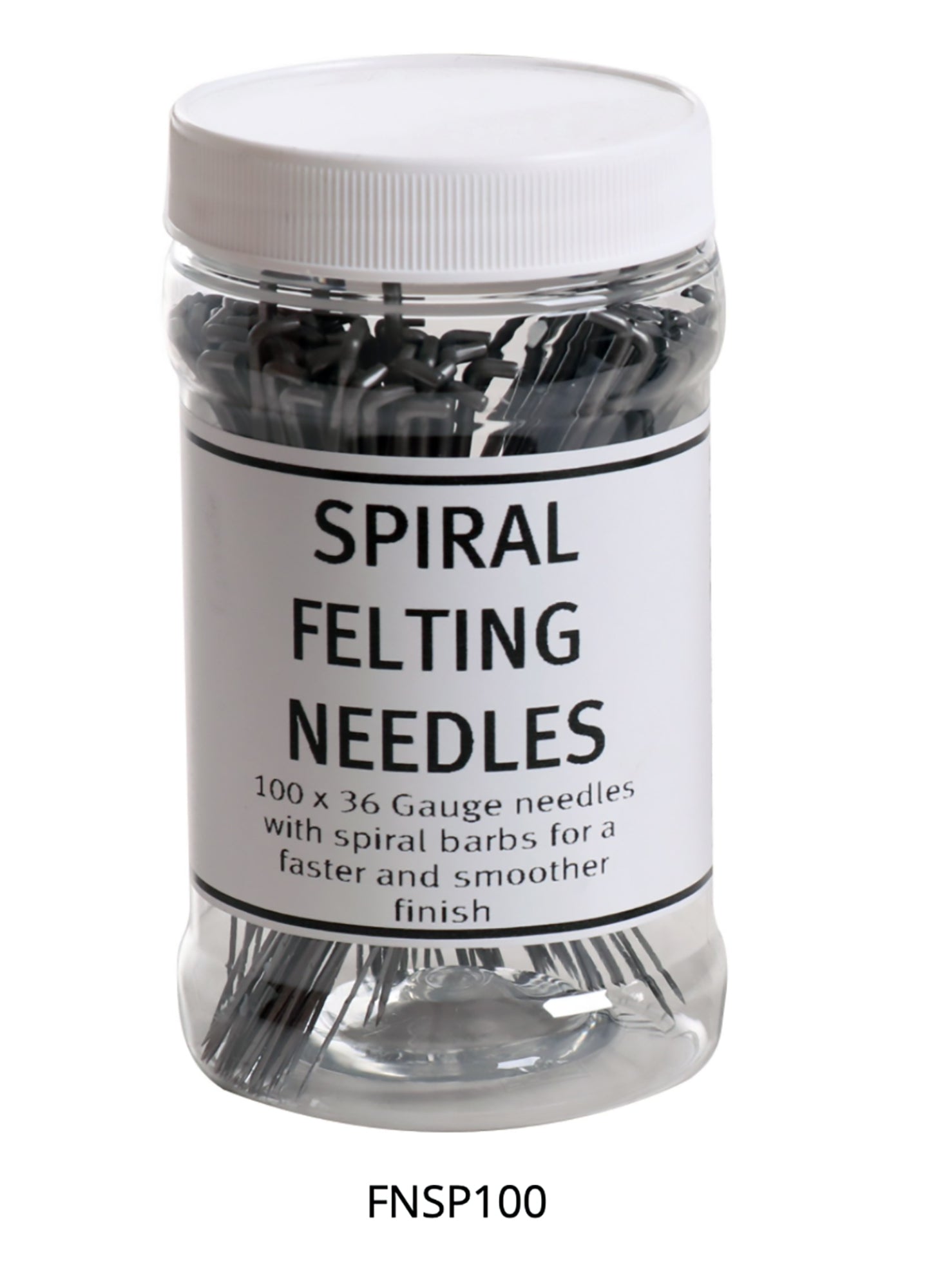 A clear plastic jar labeled "Ashford 36 Gauge Medium Felting Needles" from Ashford Handicrafts Limited contains 100 x 36 gauge needles with spiral barbs for a faster and smoother finish. The product code "FNSP100" is displayed below the jar. The jar is filled with metal needles.