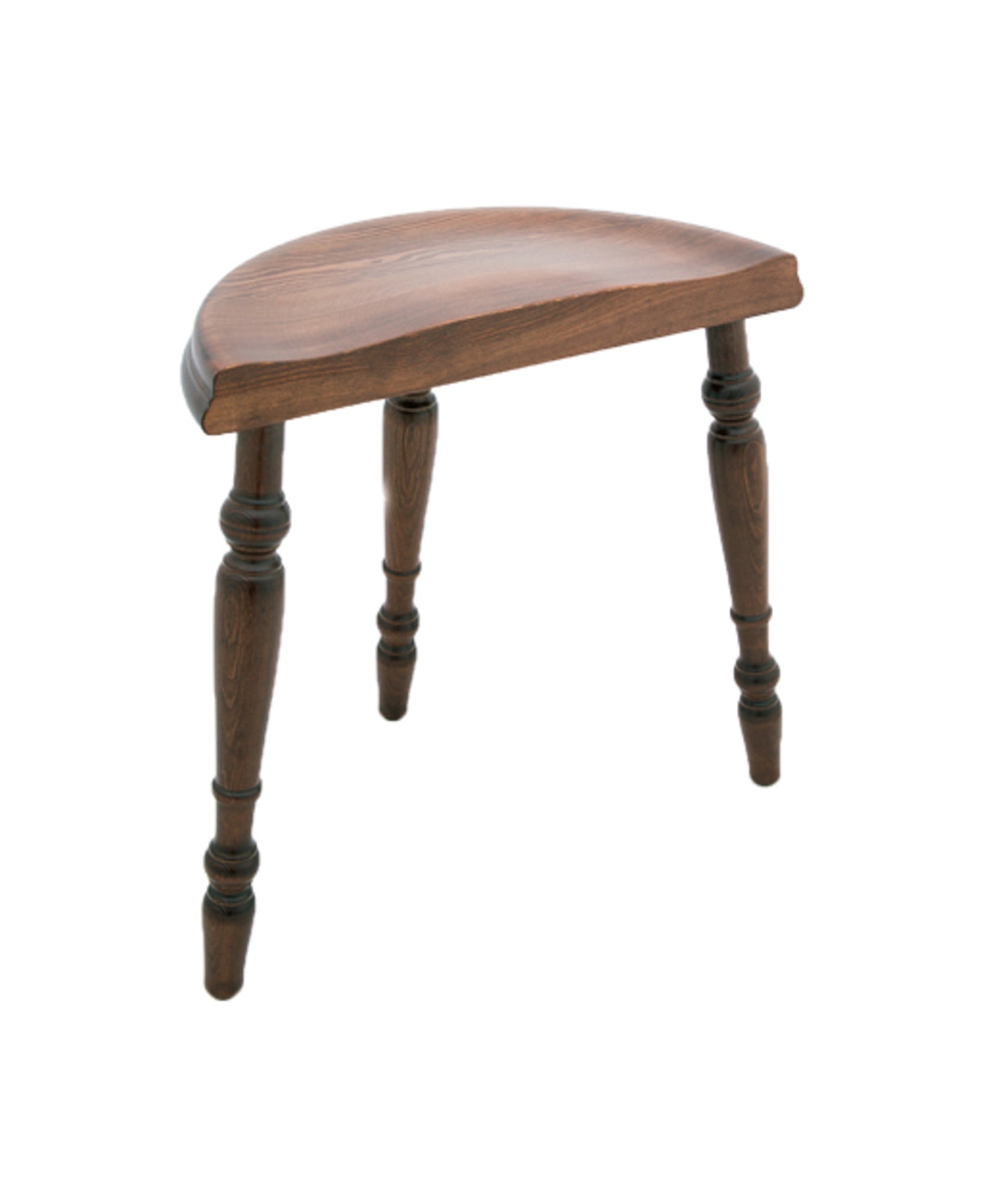 The Kromski Spinning Stool by Kromski North America is a small, three-legged wooden stool with a smooth, curved seat and elegantly turned legs. The wood features a dark, polished finish that showcases its natural grain. Perfect for use with Kromski spinning wheels, it exemplifies quality woodworking in both design and craftsmanship.