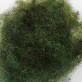 A close-up image of a dense clump of green and brown moss-like fibers, reminiscent of Harrisville Dyed & Carded Wool Fiber by Harrisville Designs. The thick, intertwined fibers create a textured and somewhat fuzzy appearance. The white background makes the rich heathered colors stand out beautifully.