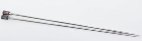 Two pointed metal skewers with ridged, multicolored handles are placed side by side on a white background, resembling Accessories Unlimited's Nova Platina Single Point Knitting Needles in their identical design and length.