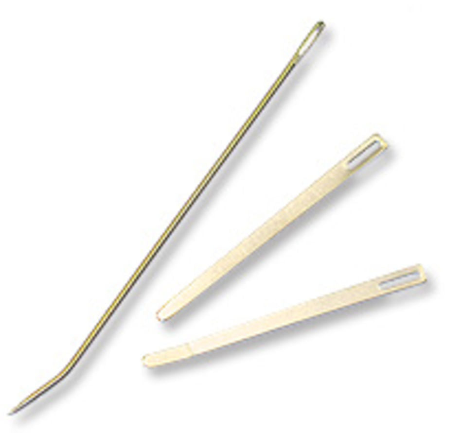 The image features a set of three weaving needles from Bryson Distributing, Inc. against a white background. One needle is long, thin, and curved at one end, while the other two bodkins are short, flat, and have rectangular handles with threading slits.