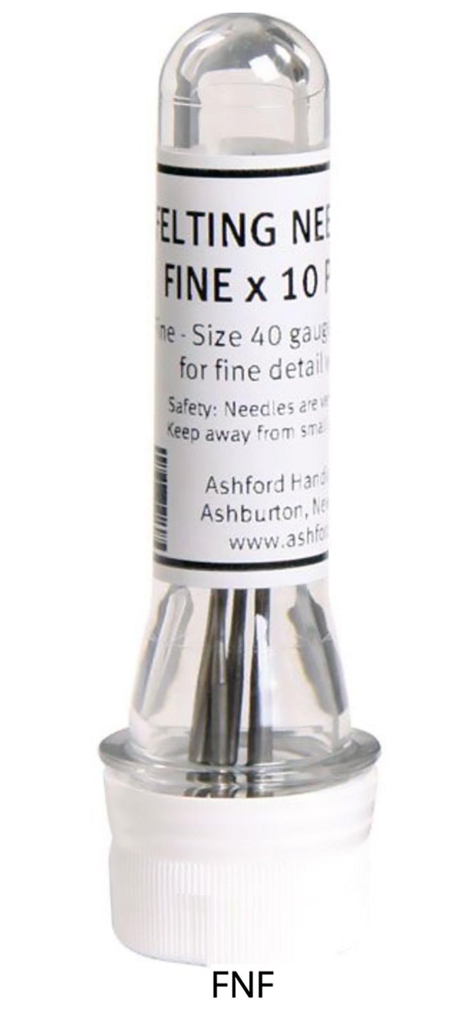 A transparent plastic container holding Ashford 40 Gauge Fine Felting Needles, labeled "Felting Needles Fine x 10." The label includes additional information such as gauge size (40), usage instructions, a safety warning, and the manufacturer's details: Ashford Handicrafts Limited, Ashburton, New Zealand.