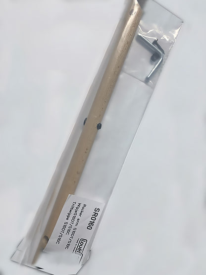 A wooden flute, featuring finger holes on its surface, is packaged in a clear plastic bag with a tool. The bag has a label with product details, including the code "SRT66". This setup mirrors the precision found in crafting tools like the Louët Rocker Arm, Victoria by Louët Inc.