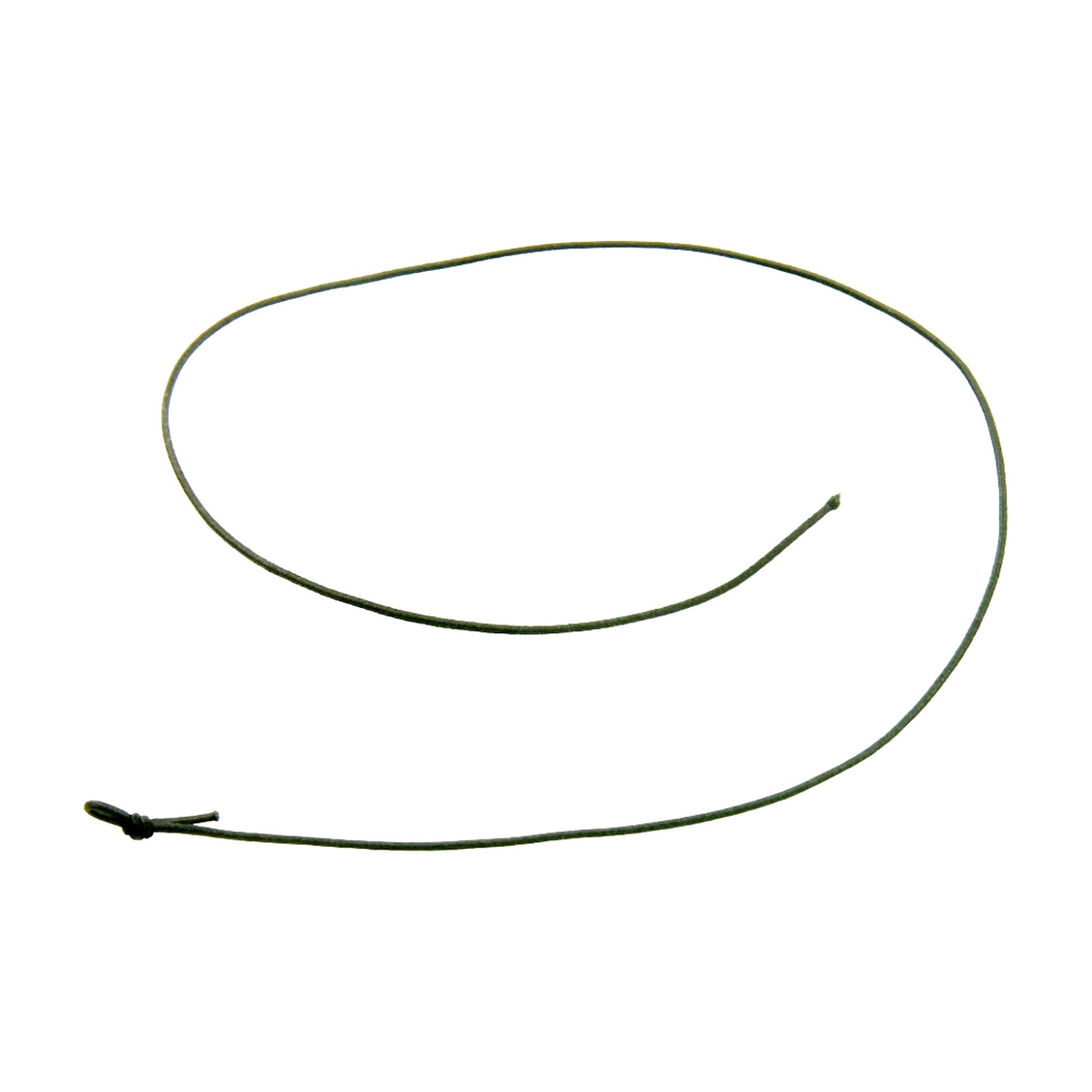 A thin, green shoelace with one end tied in a small knot, laid out in a loose, curved shape resembling a letter "Q", sits on a plain white background—reminiscent of the Louët S10C Scotch Tension Brake Cord from Louët Inc.