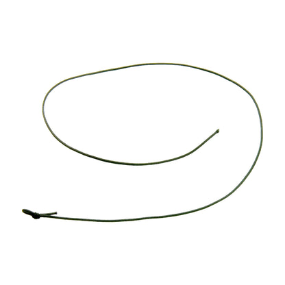 A thin, green shoelace with one end tied in a small knot, laid out in a loose, curved shape resembling a letter "Q", sits on a plain white background—reminiscent of the Louët S10C Scotch Tension Brake Cord from Louët Inc.