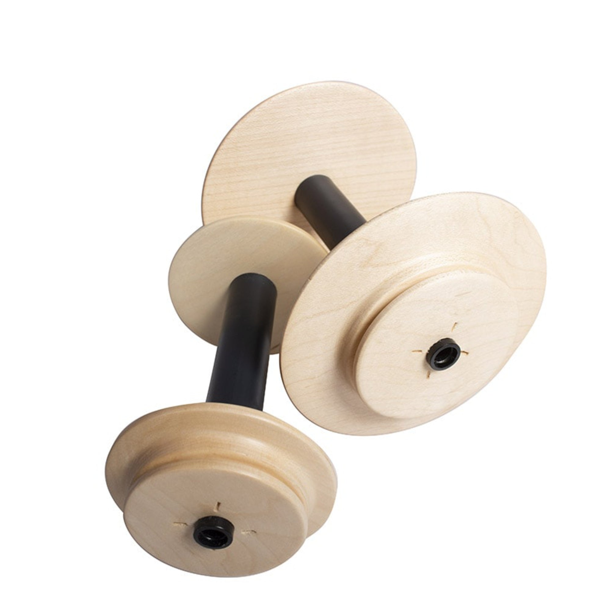 A pair of Schacht Spinning Wheel Bobbins from Schacht Spindle Co., featuring wooden discs attached to black handles, designed for use in gymnastics or physical exercise routines, displayed on a white background.