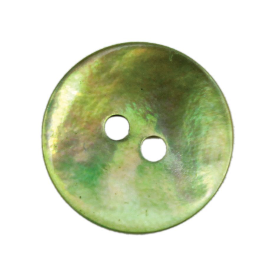 Close-up of a single, round, iridescent green button with two holes in the center. This Natural Pearl Shell Button by Dill Buttons of America, Inc has a shiny, reflective surface with subtle color variations, giving it a versatile look that hints at its natural shell origins.