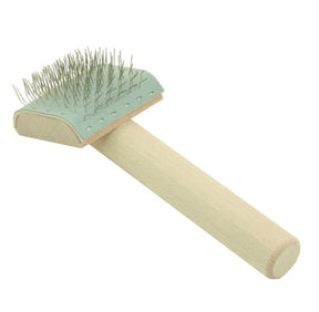 The Louët Doffer Brush by Louët Inc. is a wooden-handled pet grooming brush with closely spaced metal bristles arranged on a rectangular base, similar to a flicker. The slightly angled bristles are designed to detangle and remove loose fur from pets' coats.