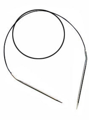 A pair of Skacel's Addi Turbo Circular Knitting Needles features two metallic pointed ends connected by a flexible black cord arranged in a loop, making them ideal for knitting cuffs, collars, and doll clothes.