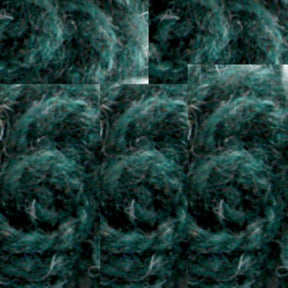 A close-up image of Bartlettyarns' Bartletts Maine Wool - Sport in dark green, showcasing an intricate knitted pattern. The texture is soft and woolly, characterized by repeated swirls and loops typical of hand-knitting with this finely spun yarn. The overlapping sections create a collage or layered effect.