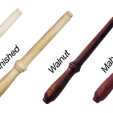 Four Kromski Nostepinnes by Kromski North America are displayed side-by-side, each labeled with a different finish. From left to right: "Unfinished," "Finished," "Walnut," and "Mahogany." The colors range from lightest to darkest respectively, resembling traditional wooden rolling pins.