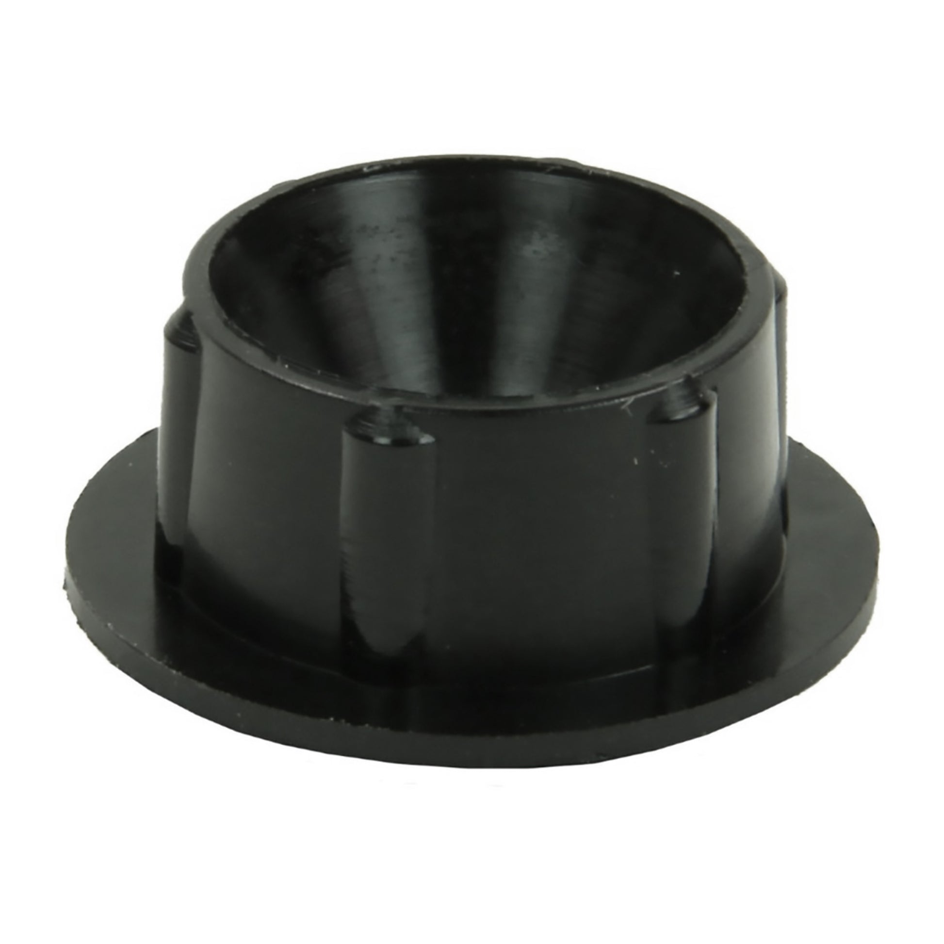 A set of black plastic cylindrical Louët Bobbin End Caps by Louët Inc. featuring vertical ridges and a flared base with a smooth interior surface. These mechanical components are designed specifically for use in Louët wheels as bobbin bearings or sleeves, with an open and hollow top.